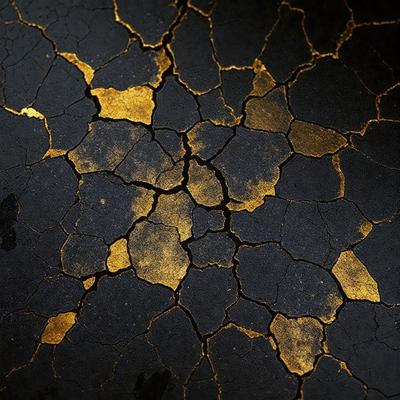 The primary subject of the image is a close-up of a cracked, black, and gold surface. The setting is a black background, and the visual style appears to be a photo. The dominant colors are black, gold, and yellow, creating a moody and dramatic atmosphere.